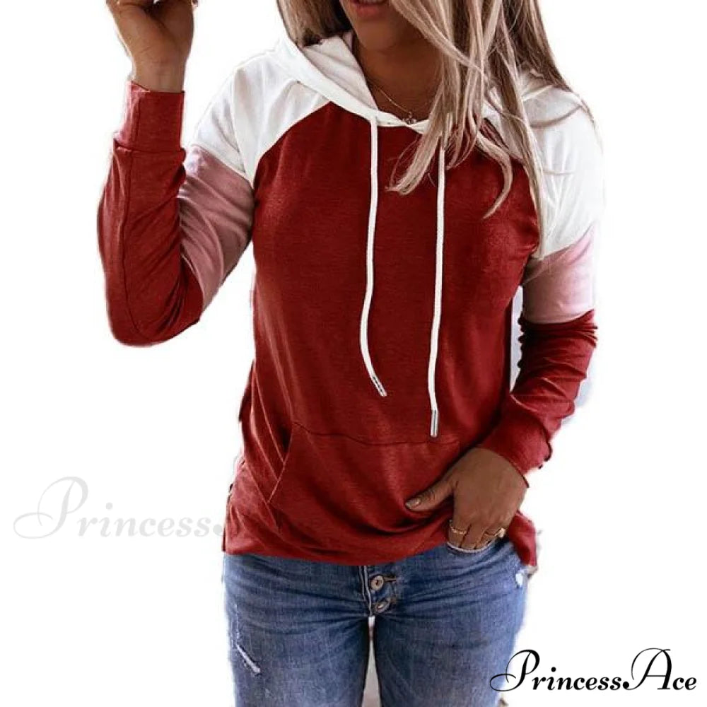 Hooded with Women’s Sleeves Sweatshirt Winter Casual Long and Fashion Pockets Wine Red / S