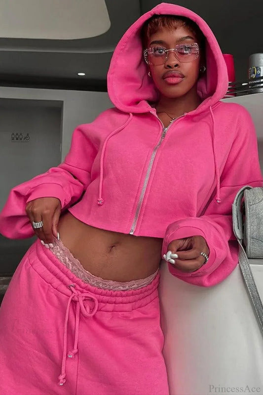 Hooded Zipper Cropped Slim Fit Casual Two Piece Set