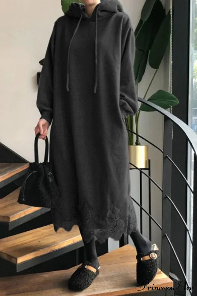 Hoodie Dress with Lace Hem Black / S