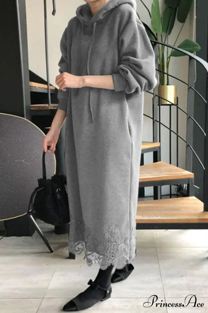 Hoodie Dress with Lace Hem Grey / S