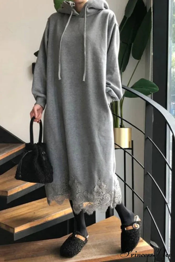 Hoodie Dress with Lace Hem Grey / XL