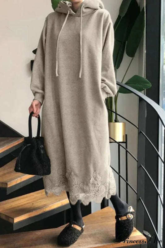 Hoodie Dress with Lace Hem Khaki / S