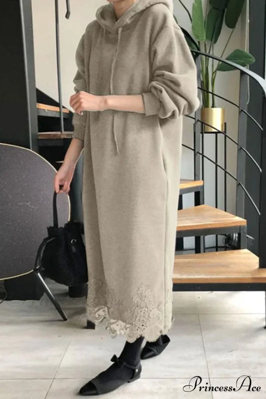 Hoodie Dress with Lace Hem Khaki / XL