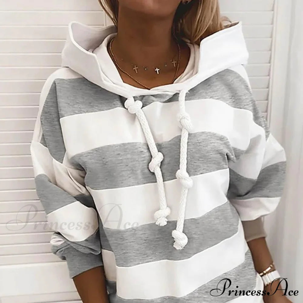 Hoodie Striped Women’s Casual Pullover Sweatshirt Light Gray / S