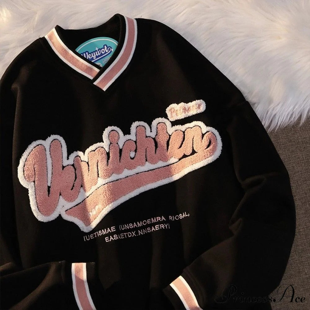 Hoodie Valentine’s Retro Letter Harajuku Size Long-Sleeve Plus V-Neck Day Embroidery Y2K Sweatshirt Women’s Fashion