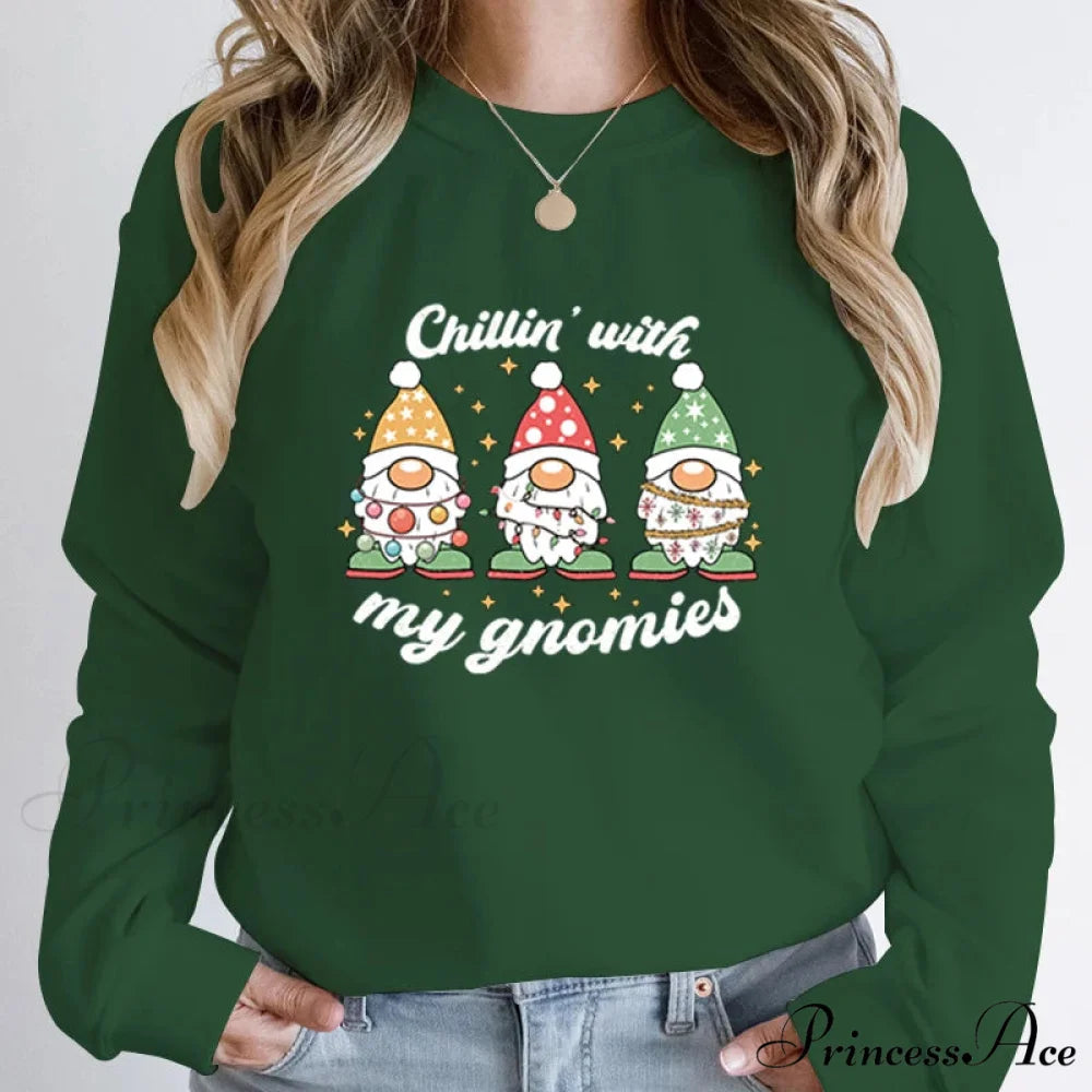 Hoodless Light Chillin’ Gnomies Round Neck Pullover Christmas Hoodie army green / S Christmas Hoodies-L