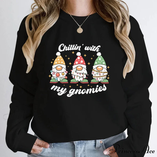 Hoodless Light Chillin’ Gnomies Round Neck Pullover Christmas Hoodie Black / S Christmas Hoodies-L