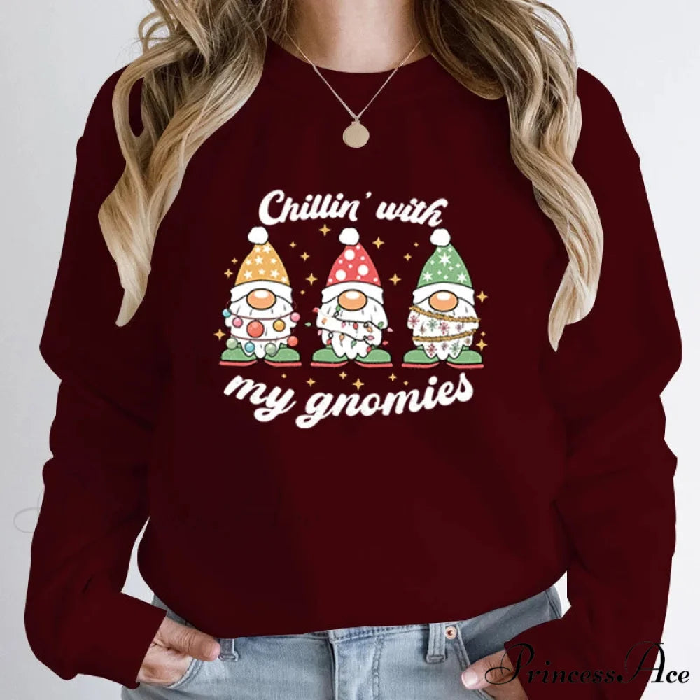 Hoodless Light Chillin’ Gnomies Round Neck Pullover Christmas Hoodie Burgundy / S Christmas Hoodies-L