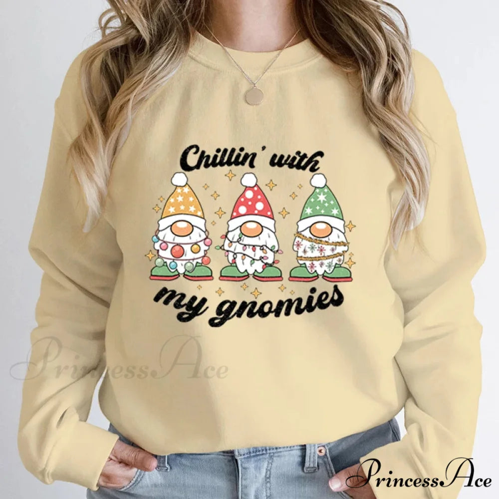 Hoodless Light Chillin’ Gnomies Round Neck Pullover Christmas Hoodie Khaki / S Christmas Hoodies-L