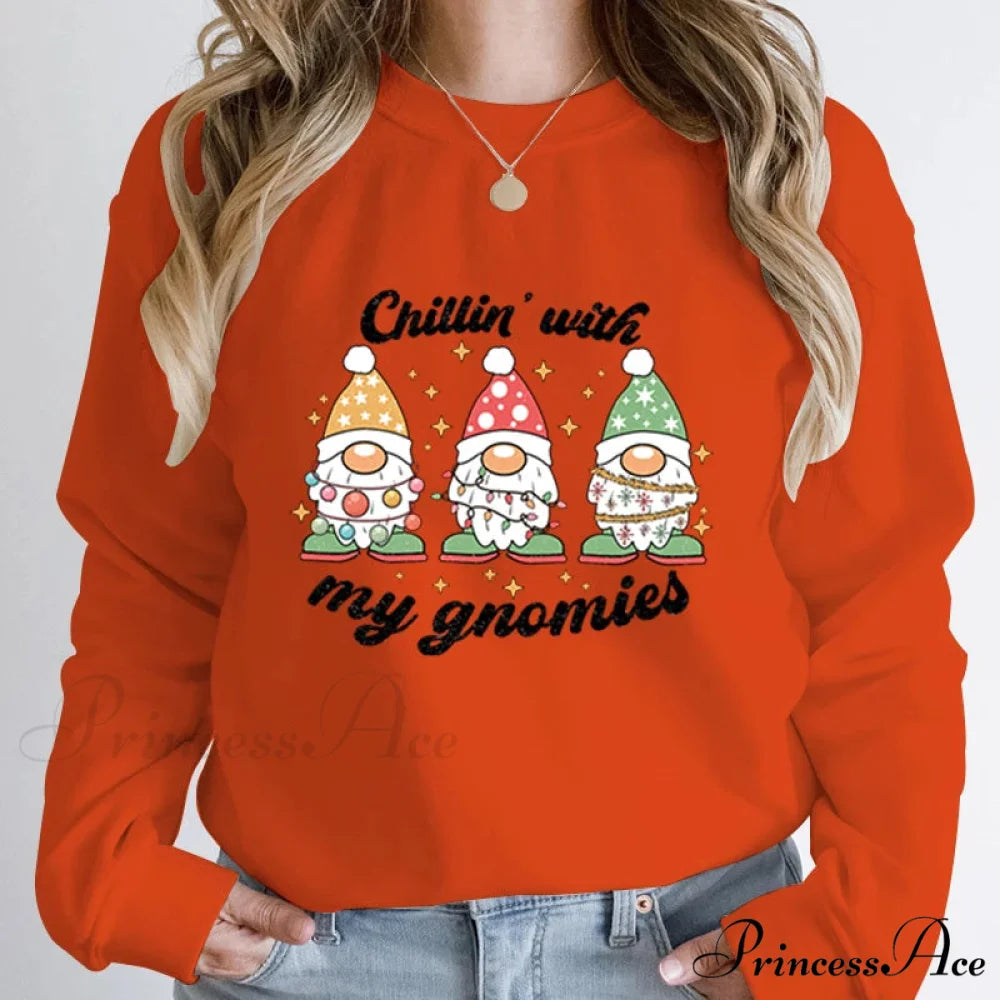 Hoodless Light Chillin’ Gnomies Round Neck Pullover Christmas Hoodie Orange / S Christmas Hoodies-L