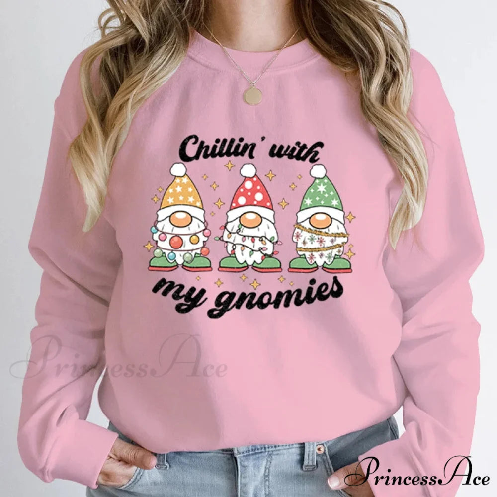 Hoodless Light Chillin’ Gnomies Round Neck Pullover Christmas Hoodie Pink / S Christmas Hoodies-L