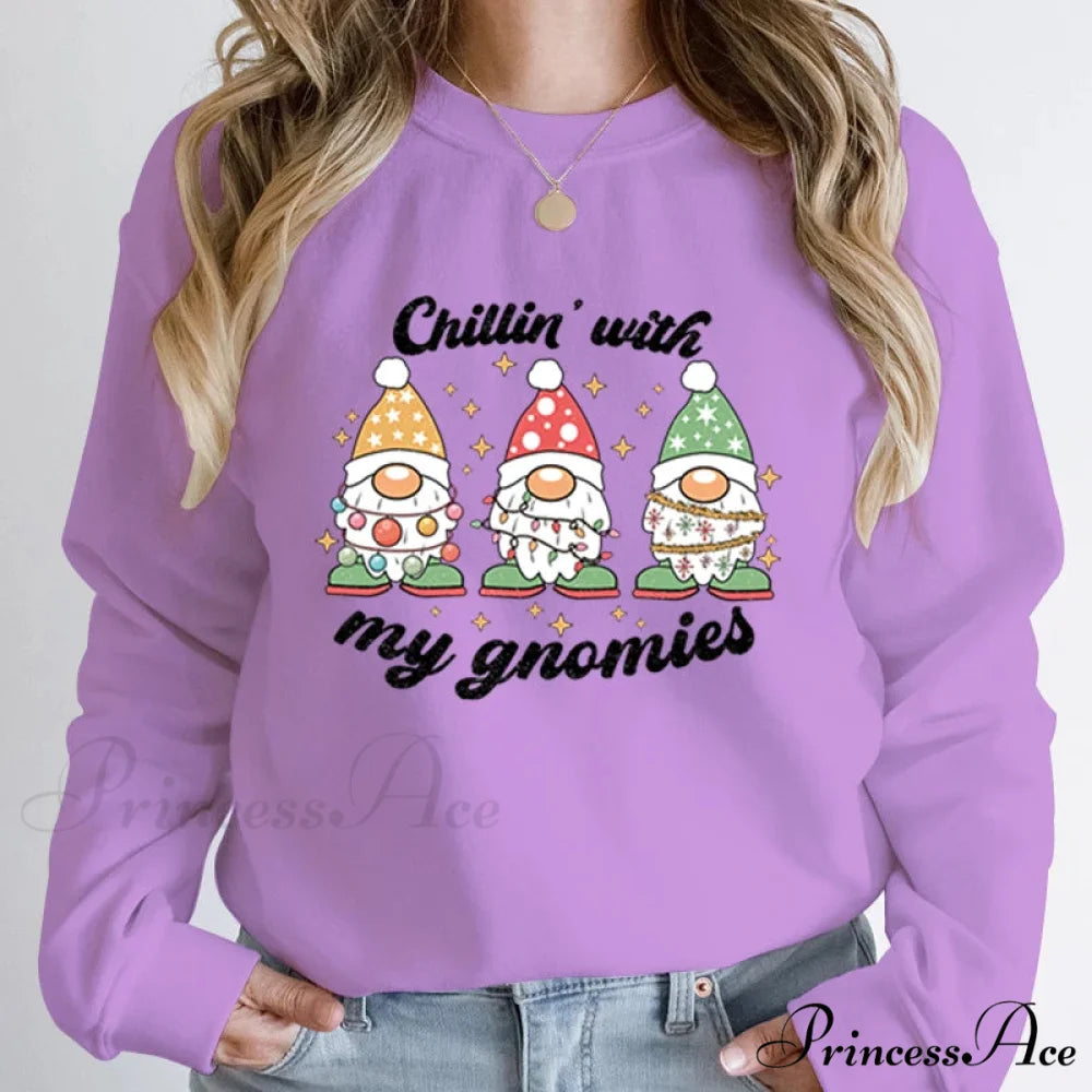 Hoodless Light Chillin’ Gnomies Round Neck Pullover Christmas Hoodie PURPLE / S Christmas Hoodies-L
