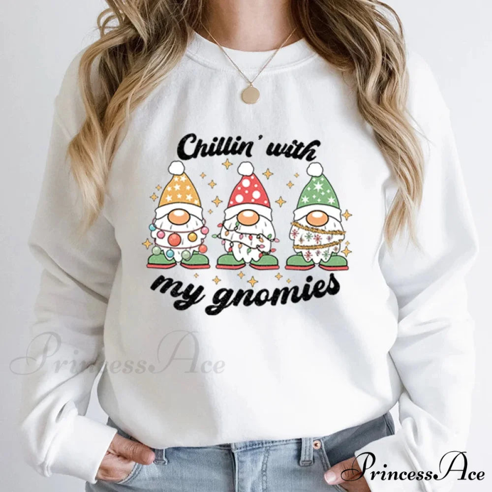 Hoodless Light Chillin’ Gnomies Round Neck Pullover Christmas Hoodie WHITE / S Christmas Hoodies-L