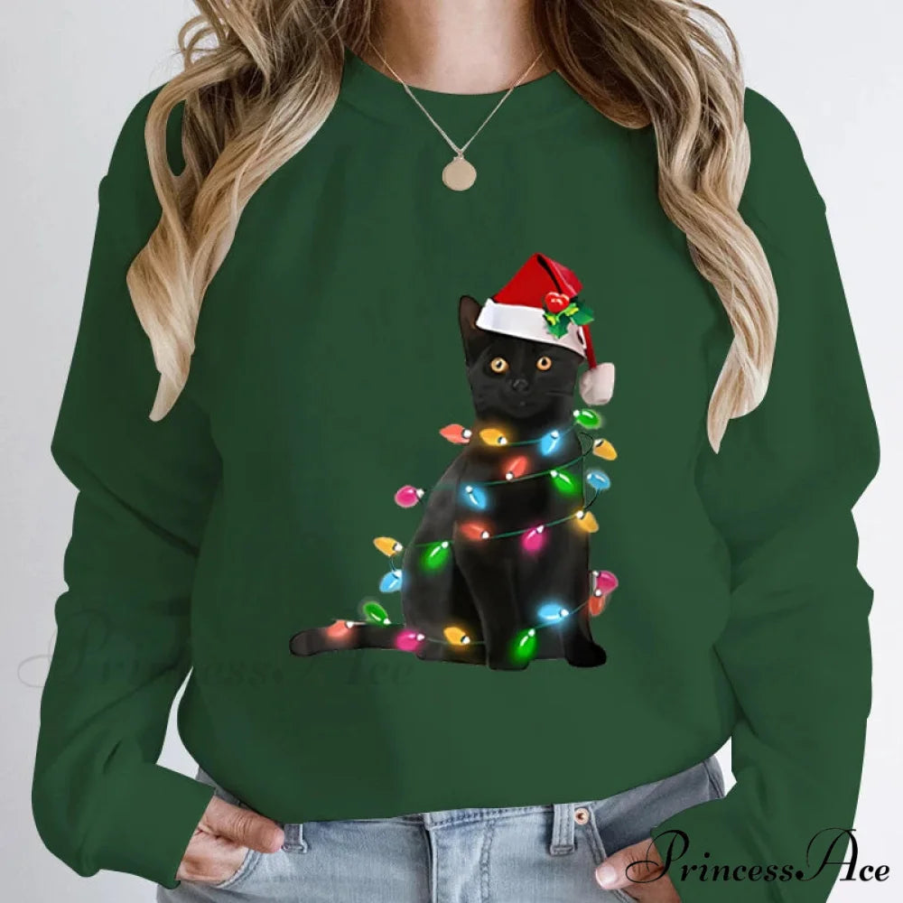 Hoodless Pullover Cute Black Cat Christmas Light Print Hoodie army green / S Christmas Hoodies-L