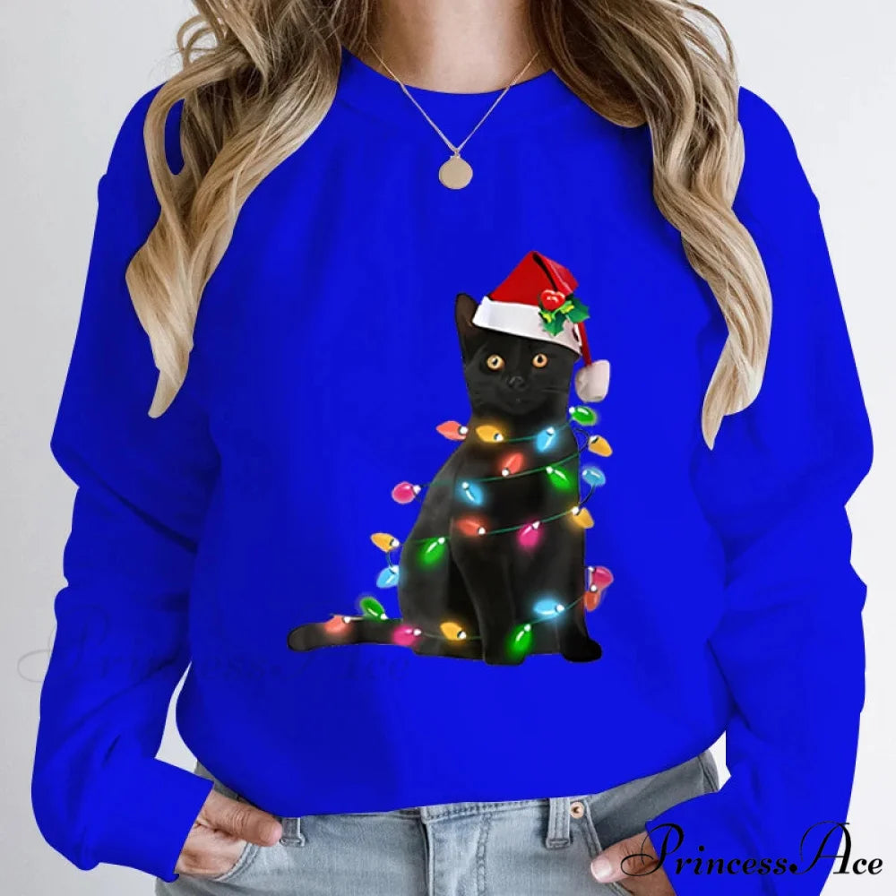 Hoodless Pullover Cute Black Cat Christmas Light Print Hoodie Blue / S Christmas Hoodies-L