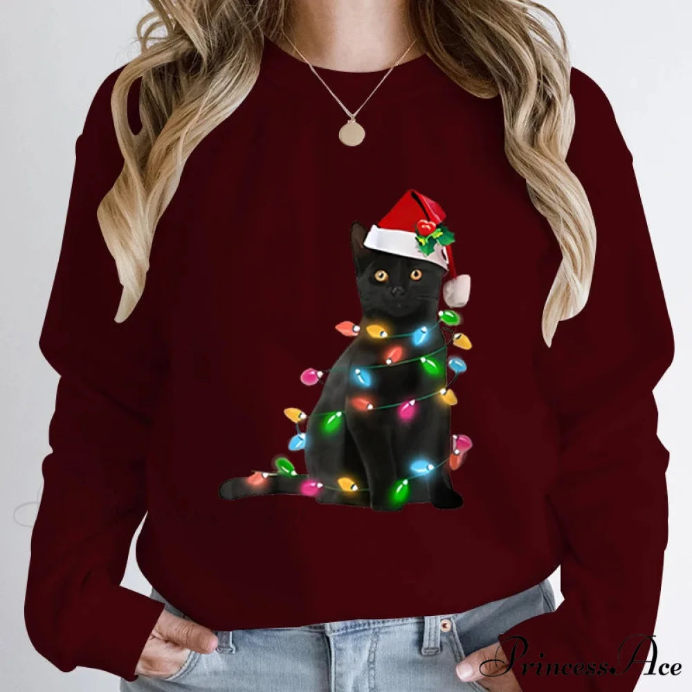 Hoodless Pullover Cute Black Cat Christmas Light Print Hoodie Burgundy / S Christmas Hoodies-L
