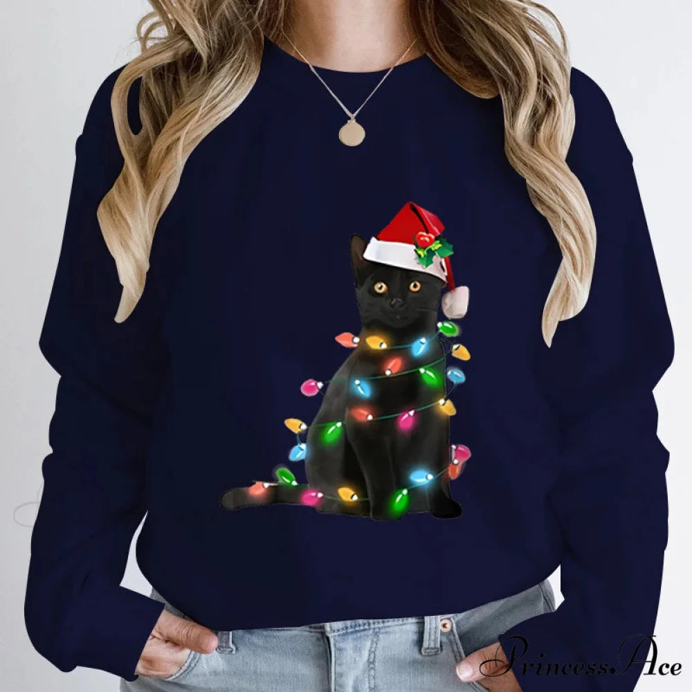 Hoodless Pullover Cute Black Cat Christmas Light Print Hoodie DEEP BLUE / S Christmas Hoodies-L