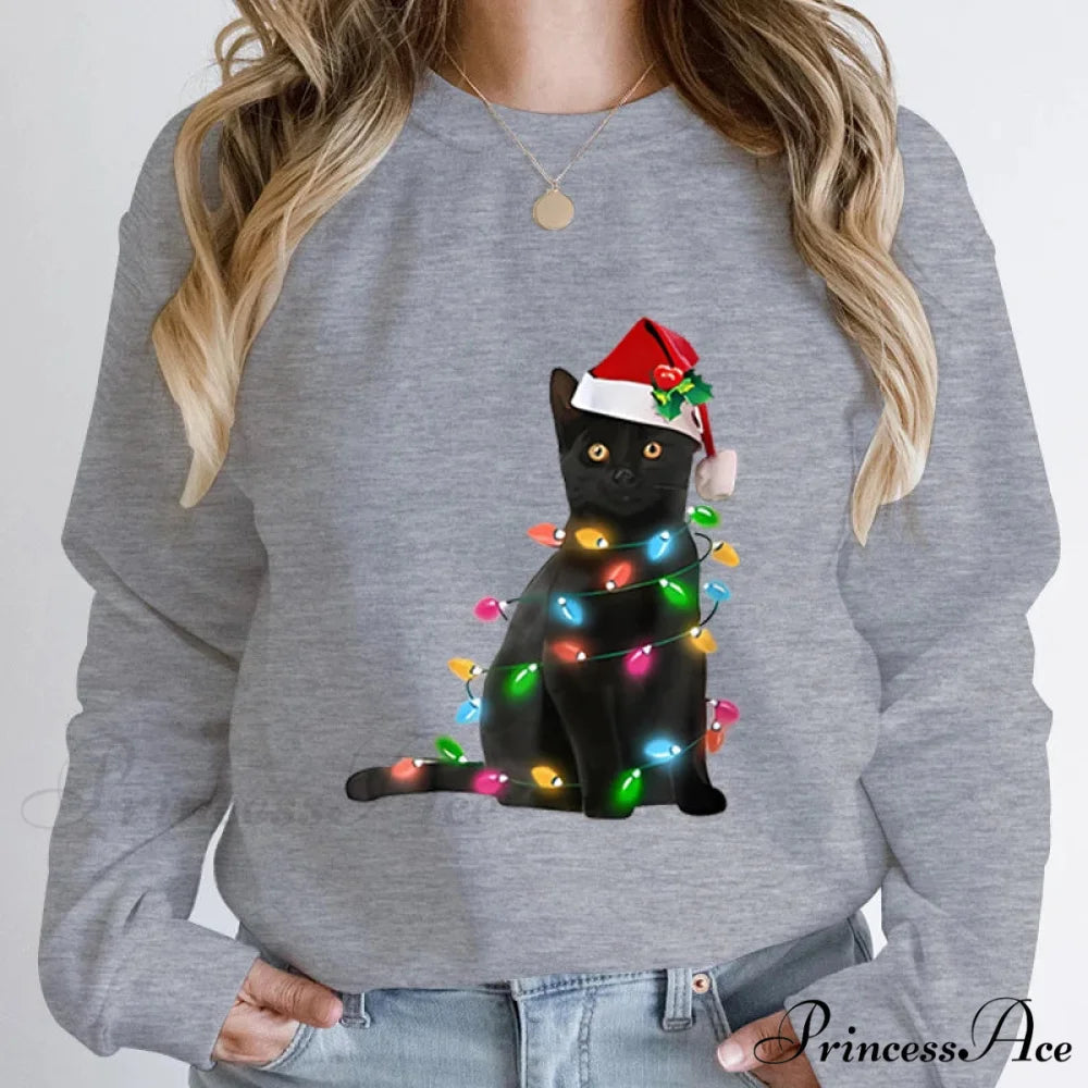 Hoodless Pullover Cute Black Cat Christmas Light Print Hoodie GRAY / S Christmas Hoodies-L