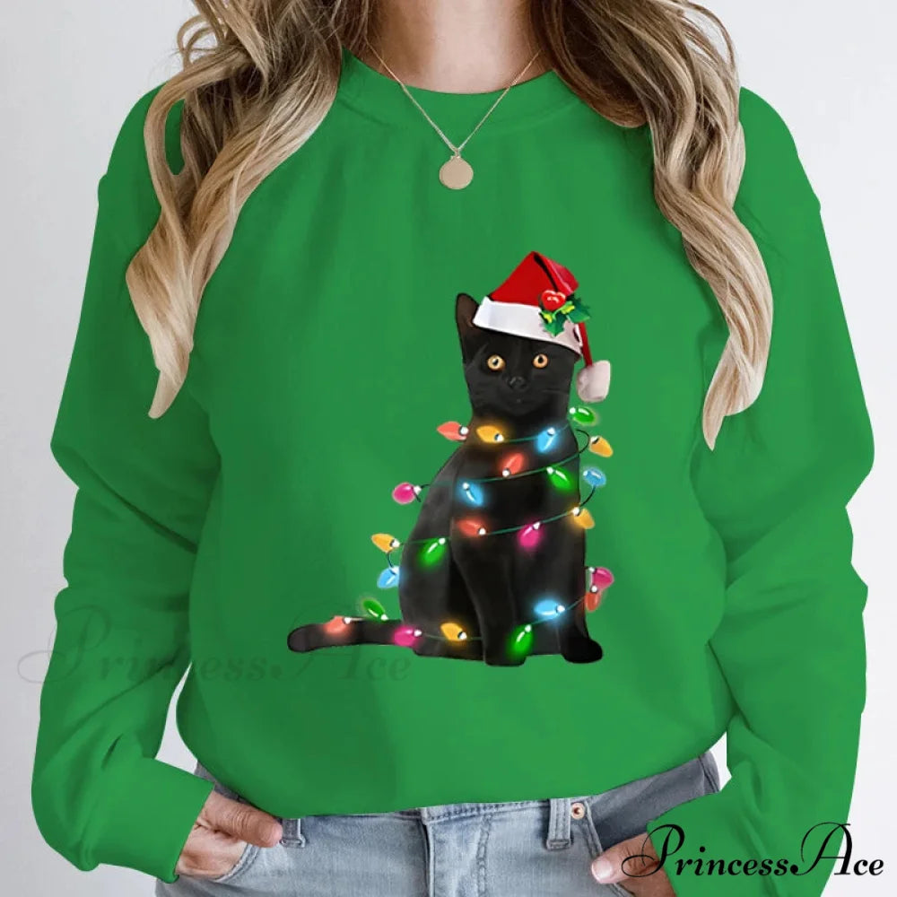 Hoodless Pullover Cute Black Cat Christmas Light Print Hoodie Green / S Christmas Hoodies-L