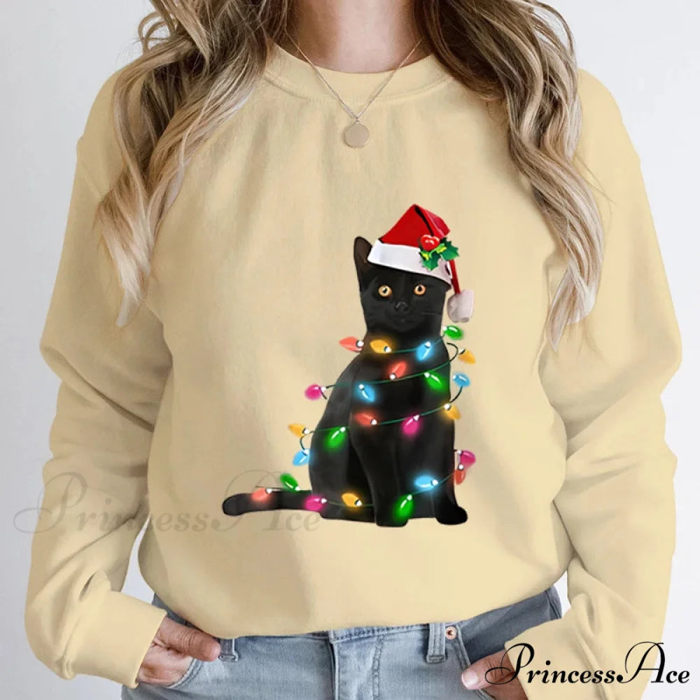Hoodless Pullover Cute Black Cat Christmas Light Print Hoodie Khaki / S Christmas Hoodies-L