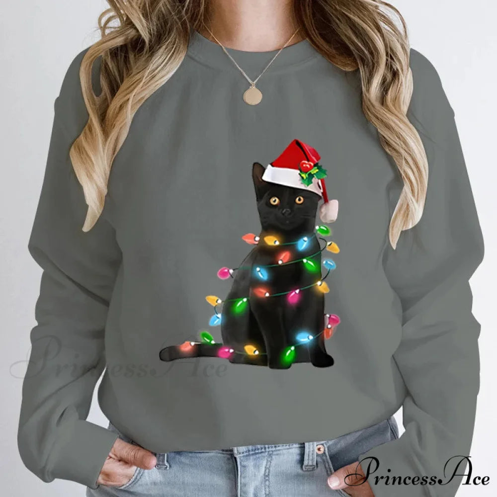 Hoodless Pullover Cute Black Cat Christmas Light Print Hoodie MULTI / S Christmas Hoodies-L