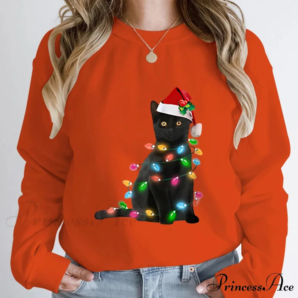 Hoodless Pullover Cute Black Cat Christmas Light Print Hoodie Orange / S Christmas Hoodies-L