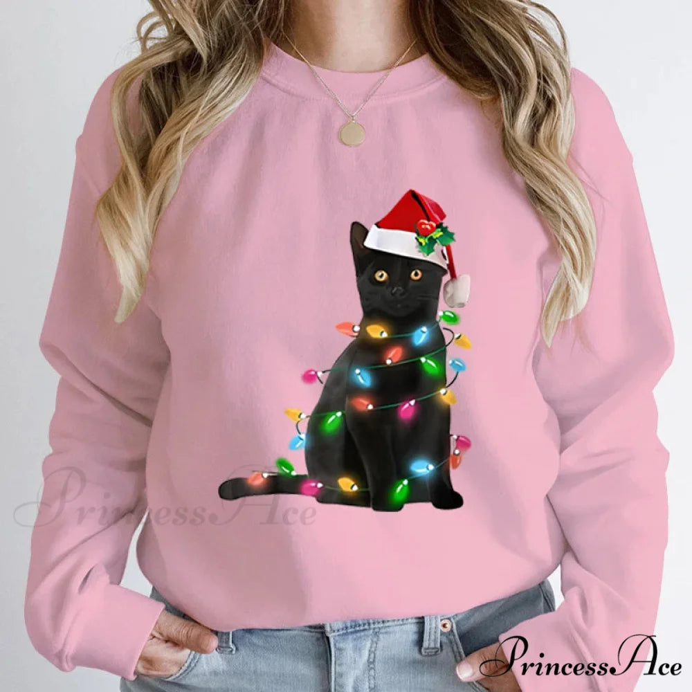 Hoodless Pullover Cute Black Cat Christmas Light Print Hoodie Pink / S Christmas Hoodies-L
