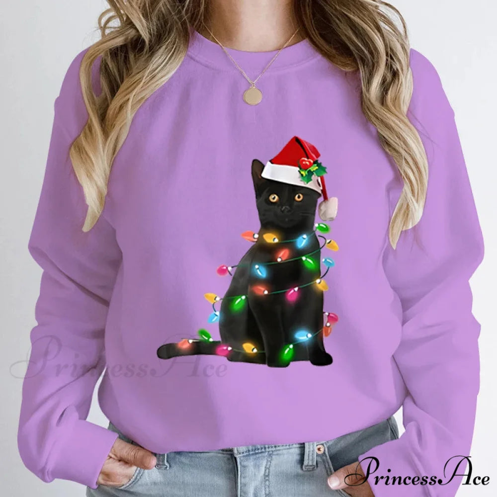 Hoodless Pullover Cute Black Cat Christmas Light Print Hoodie PURPLE / S Christmas Hoodies-L