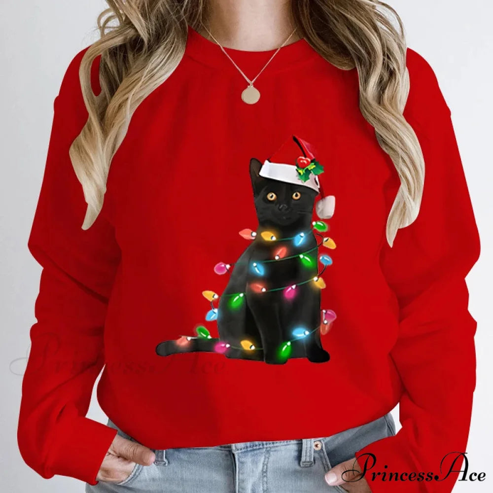 Hoodless Pullover Cute Black Cat Christmas Light Print Hoodie Red / S Christmas Hoodies-L