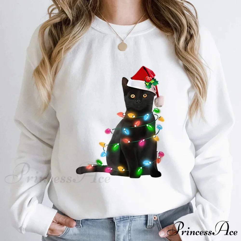 Hoodless Pullover Cute Black Cat Christmas Light Print Hoodie WHITE / S Christmas Hoodies-L