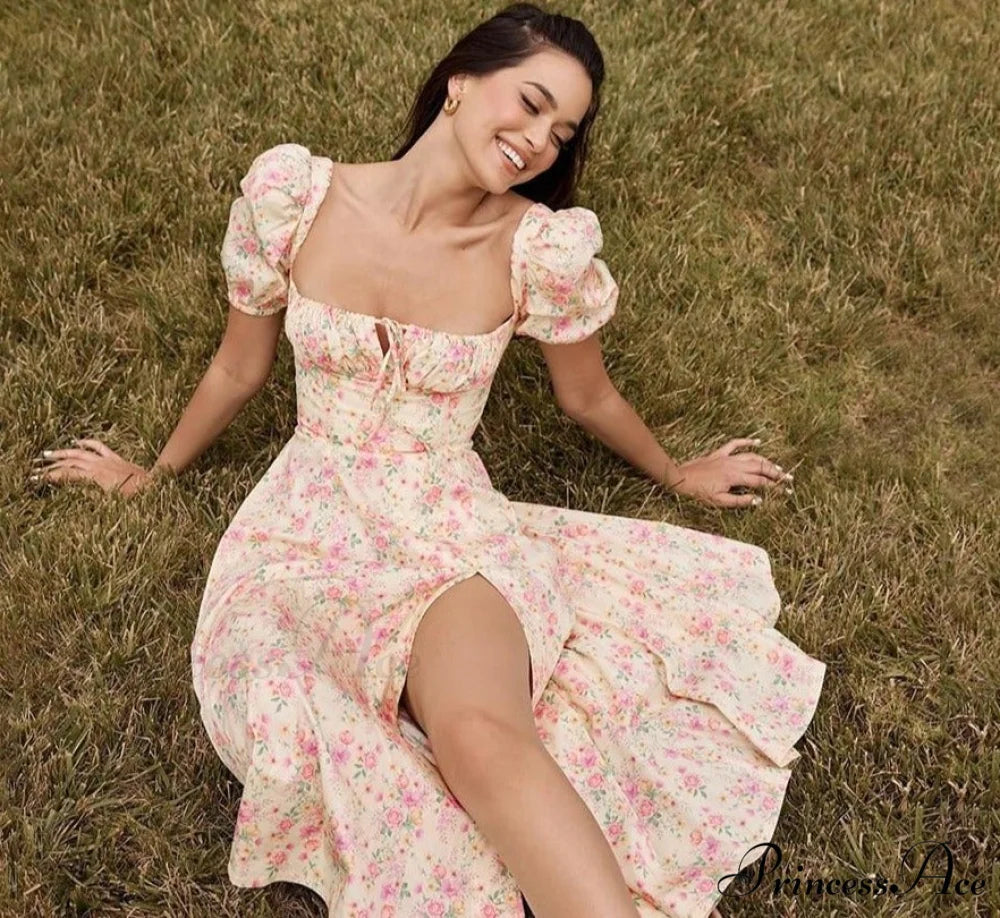 Hot Milkmaid Floral Charming Split Midi Dress