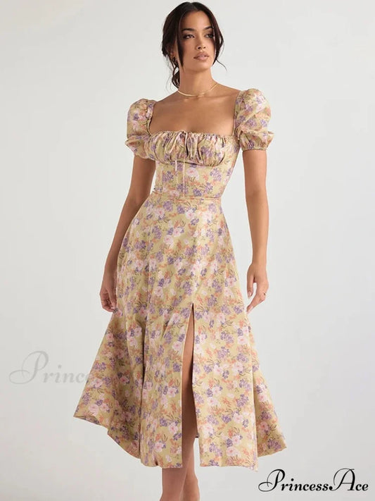 Hot Milkmaid Floral Charming Split Midi Dress