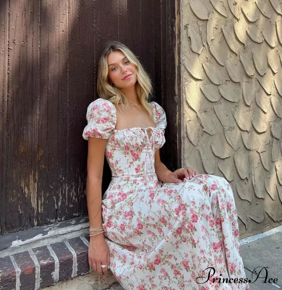 Hot Milkmaid Floral Charming Split Midi Dress