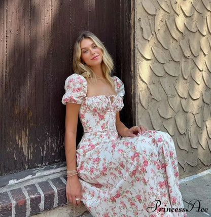 Hot Milkmaid Floral Charming Split Midi Dress