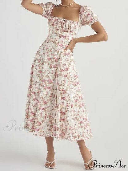 Hot Milkmaid Floral Charming Split Midi Dress