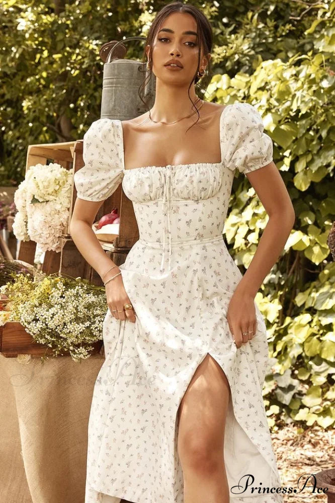 Hot Milkmaid Floral Charming Split Midi Dress