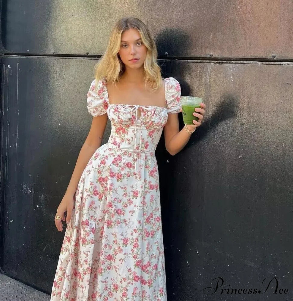 Hot Milkmaid Floral Charming Split Midi Dress