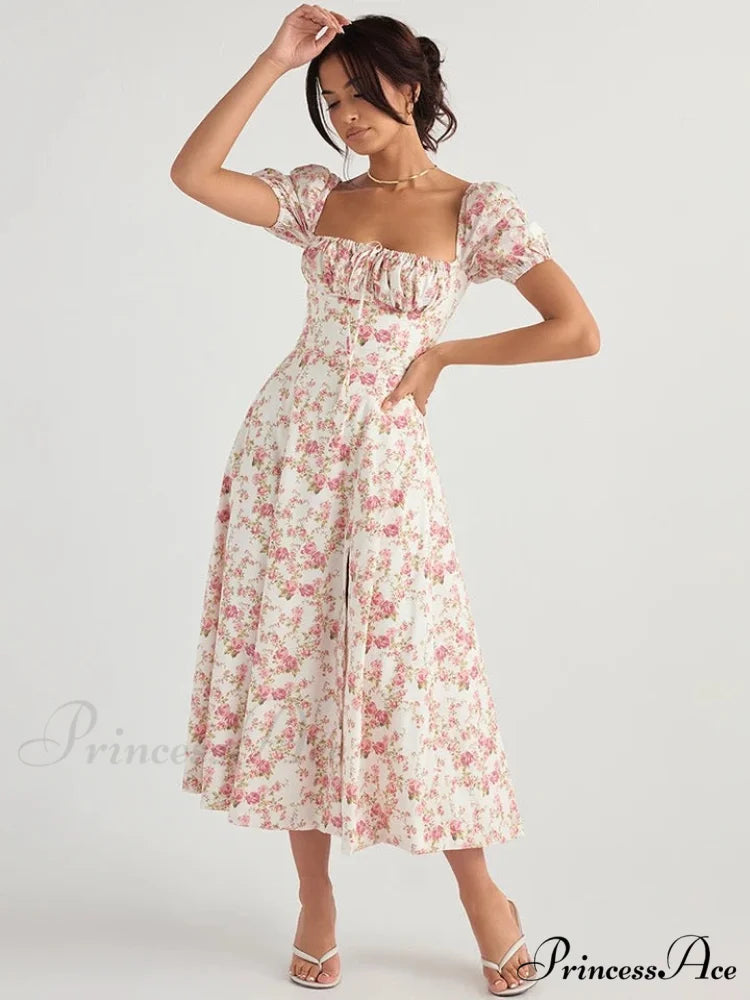 Hot Milkmaid Floral Charming Split Midi Dress