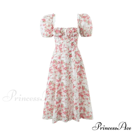 Hot Milkmaid Floral Charming Split Midi Dress Pink Flowers / XS