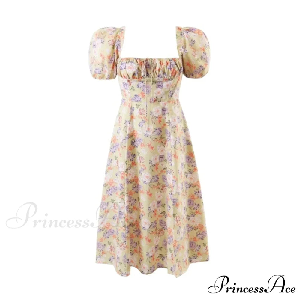 Hot Milkmaid Floral Charming Split Midi Dress Purple Flowers / XS