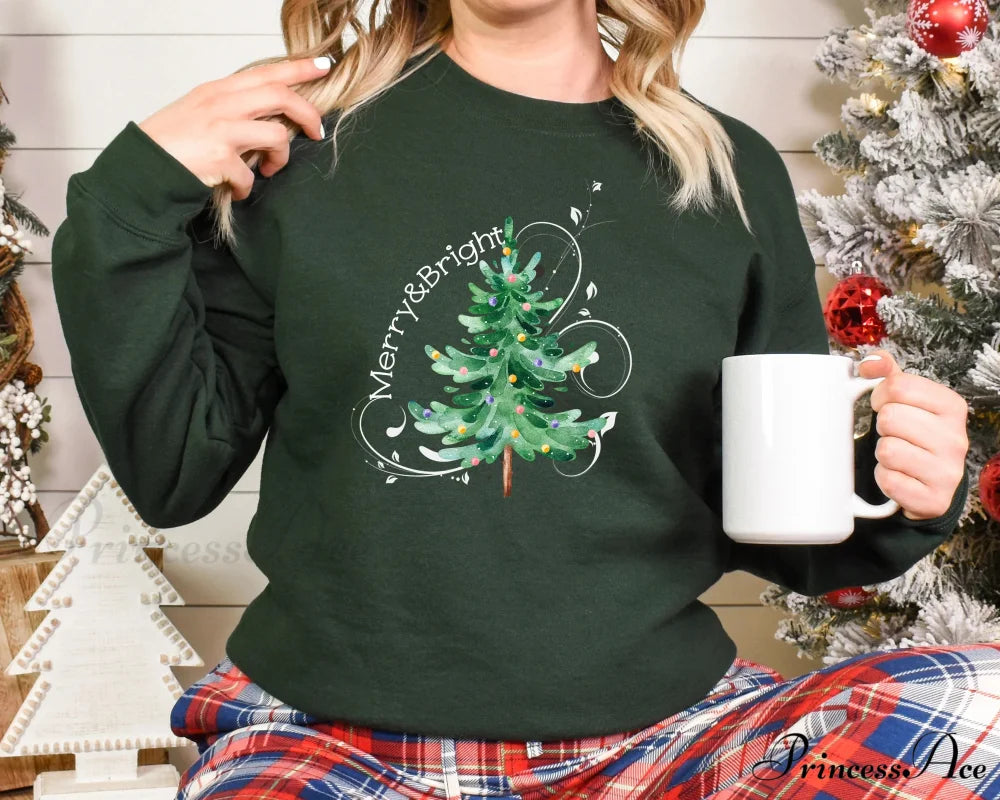 Hot Sale Merry Bright Light Tree Girl Holiday Christmas Hoodie Green / S Christmas Hoodies-L