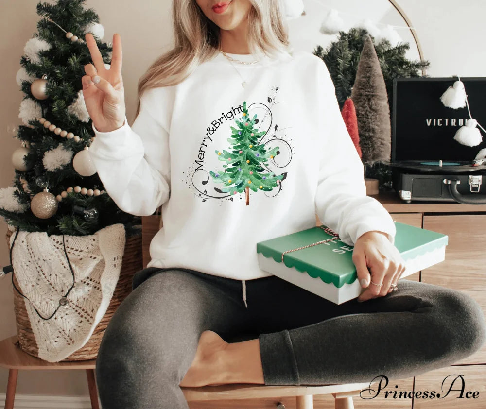 Hot Sale Merry Bright Light Tree Girl Holiday Christmas Hoodie WHITE / S Christmas Hoodies-L