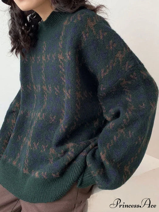 Houndstooth Button Graceful Front Pleated Dress Green / S