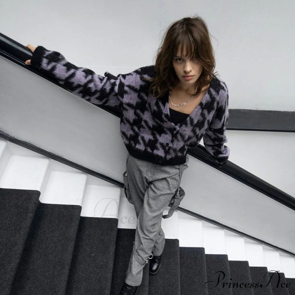 Houndstooth Patchwork Graceful Woolen Coat S / Purple