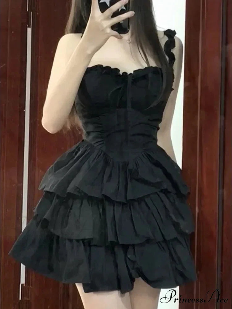 Hrajuku Goth Lolita Kawaii Cute Black Ruffles Soft Girl Y2K Coquette 2024 Fashion Cake Party Short Dress