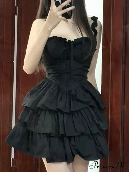 Hrajuku Goth Lolita Kawaii Cute Black Ruffles Soft Girl Y2K Coquette 2024 Fashion Cake Party Short Dress