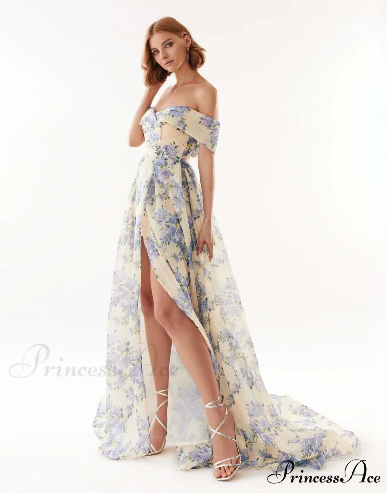 Hydrangea Chic Off-The-Shoulder Charming Floral Maxi Dress