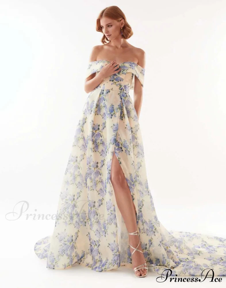 Hydrangea Chic Off-The-Shoulder Charming Floral Maxi Dress