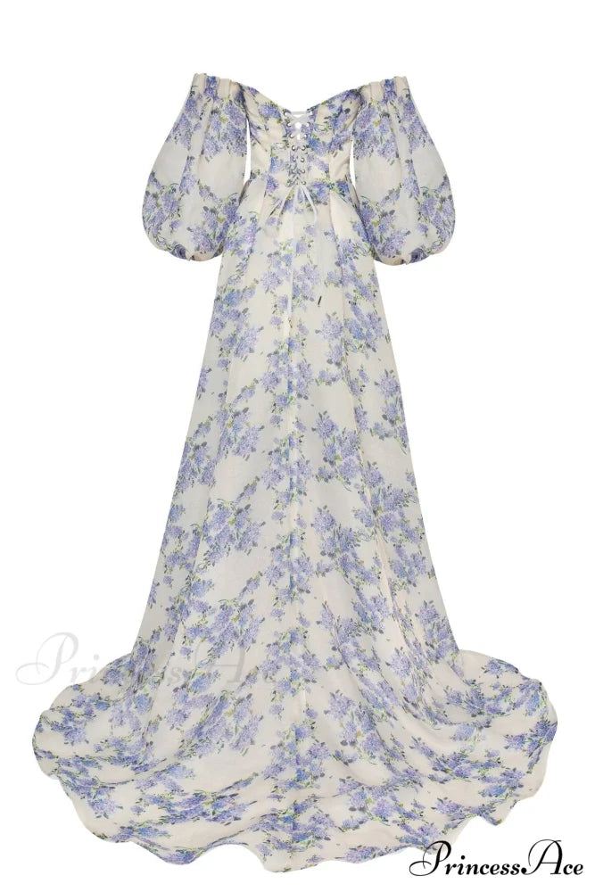 Hydrangea Elegant Floral Charming Puff Sleeve Maxi Dress