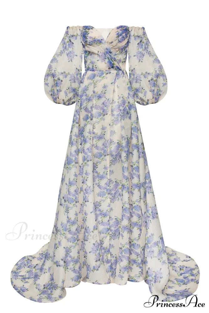 Hydrangea Elegant Floral Charming Puff Sleeve Maxi Dress XXS / Hydrangea / White Underskirt